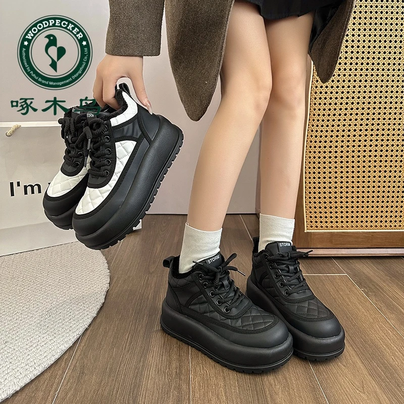 啄木鸟厚底雪地靴女2024新款冬季保暖棉鞋加绒加厚防水马丁靴短靴