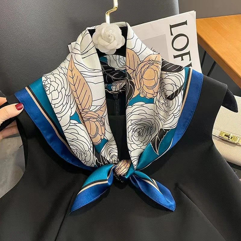 桑蚕丝丝巾小山茶花薄款百搭时尚气质简约风小领 53*53