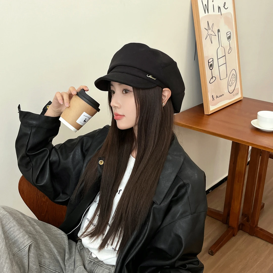 黑色鸭舌贝雷帽女秋冬季韩版百搭显脸小时尚帽日系大头围画家帽子