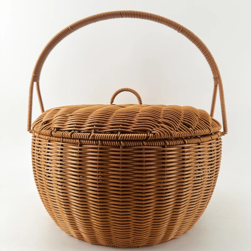 G99棕色单提手圆形郊游野餐篮特大号纯手工编织40*25