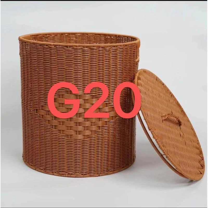 G20棕色圆形双抽手带盖手工编织大号脏衣娄衣物收纳40*42