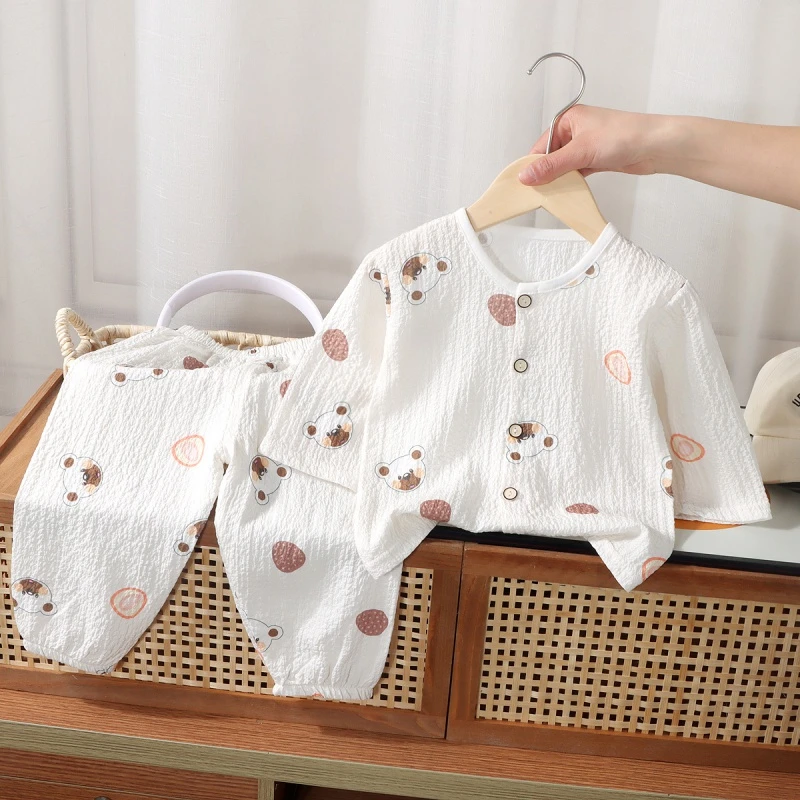 儿童薄款双层棉布睡衣夏季女童家居服宽松男宝宝长袖空调服套装