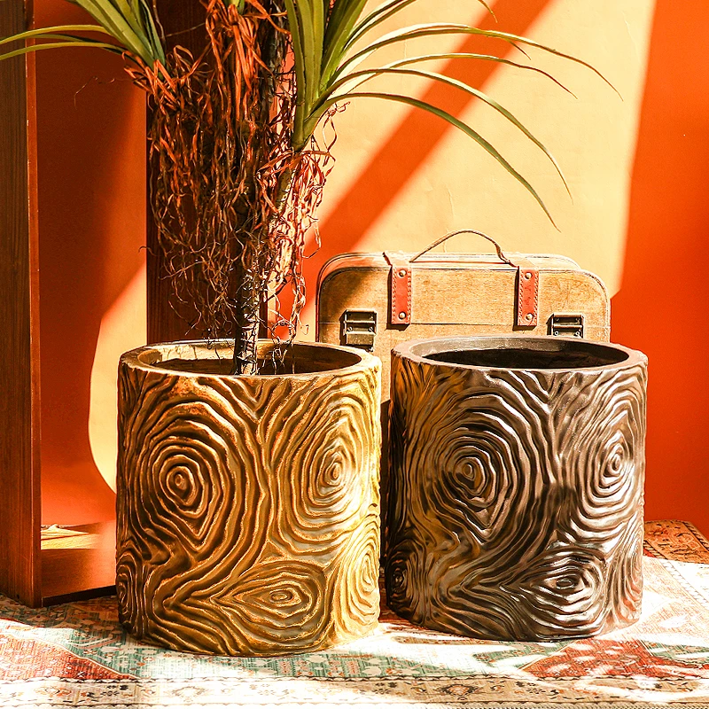 镁泥仿古落地花盆木纹直筒大口黑金刚花器客厅民宿商场别墅摆件