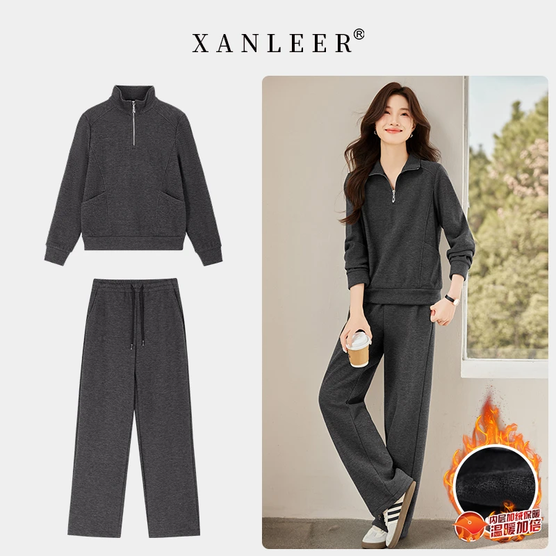 【80支无皱格子呢套装】2026秋冬加绒休闲洋气减龄翻领半拉链套装