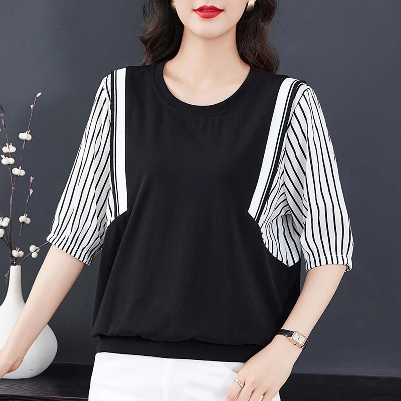 夏季新款2026时尚圆领七分袖休闲百搭显瘦t恤潮气上衣妈妈装洋气