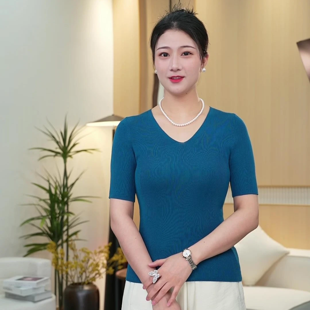 2025夏季新款凉爽透气精纺莱赛尔桑蚕丝V领短袖针织衫百搭简约06