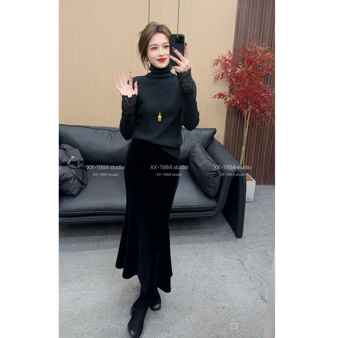 1984  精选【袖口蕾丝】秋冬百搭设计款高领打底上衣