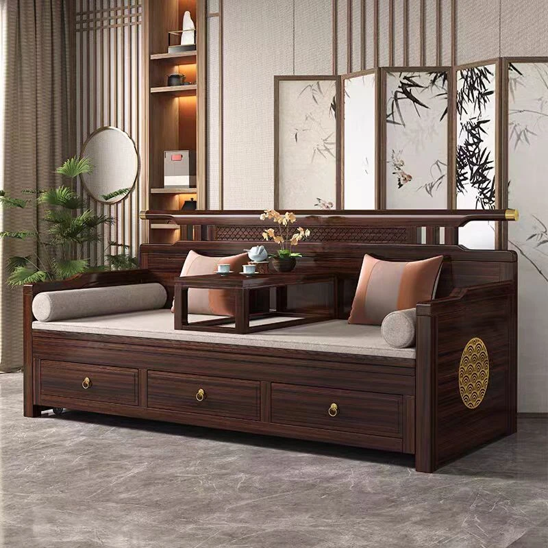 爱栖巢新中式乌金木实木罗汉床沙发家用客厅简约可推拉带抽一体
