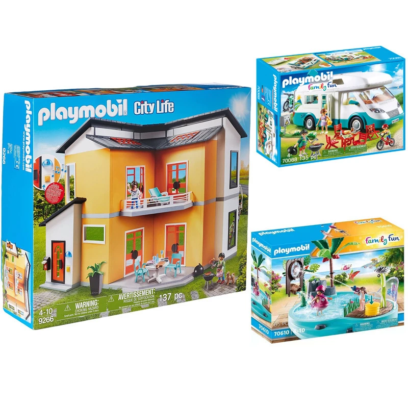 Playmobil德国摩比世界摩登之家9266 家庭露营房车游泳池积木拼装
