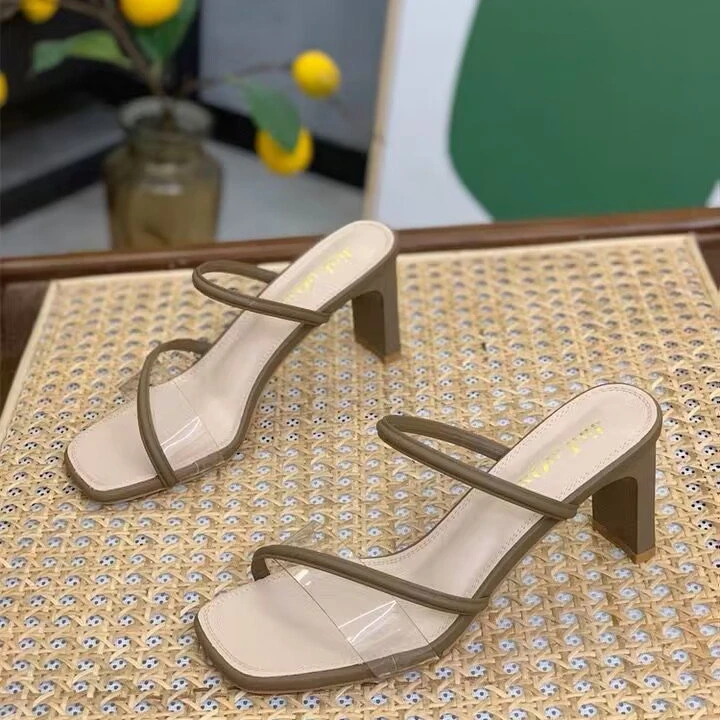 透明凉拖鞋女夏外穿2024新款方头6CM高跟拖鞋时尚网红粗跟一字拖
