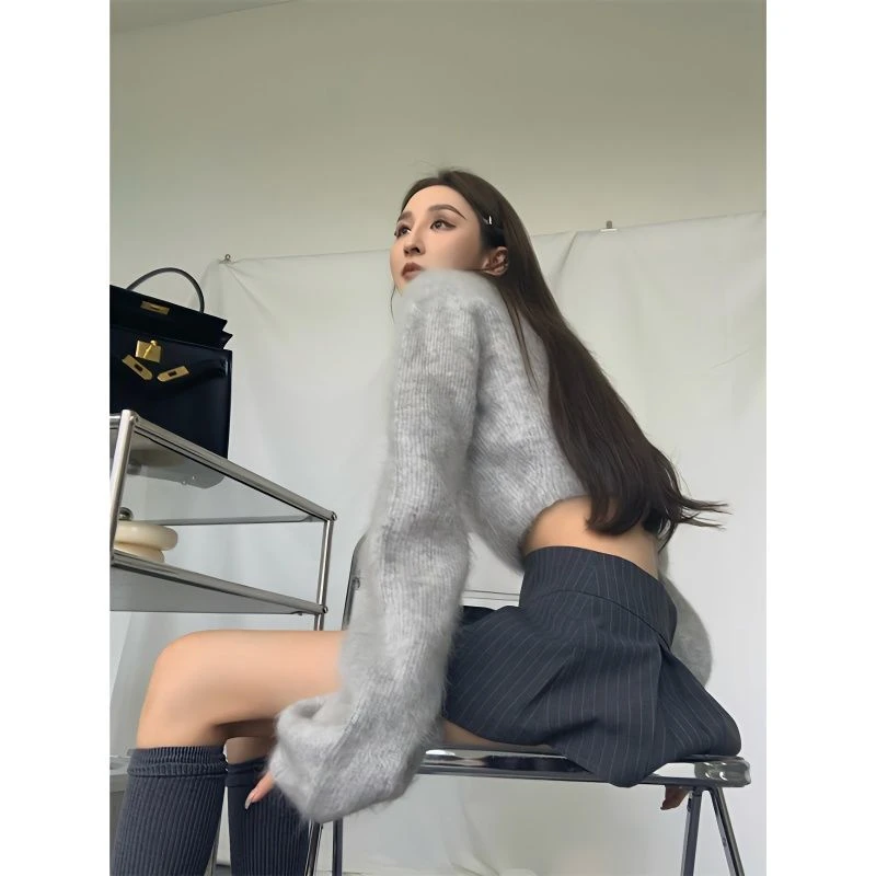 喇叭袖韩版绒毛衣女冬新款甜辣妹套头修身显瘦短款针织衫上衣
