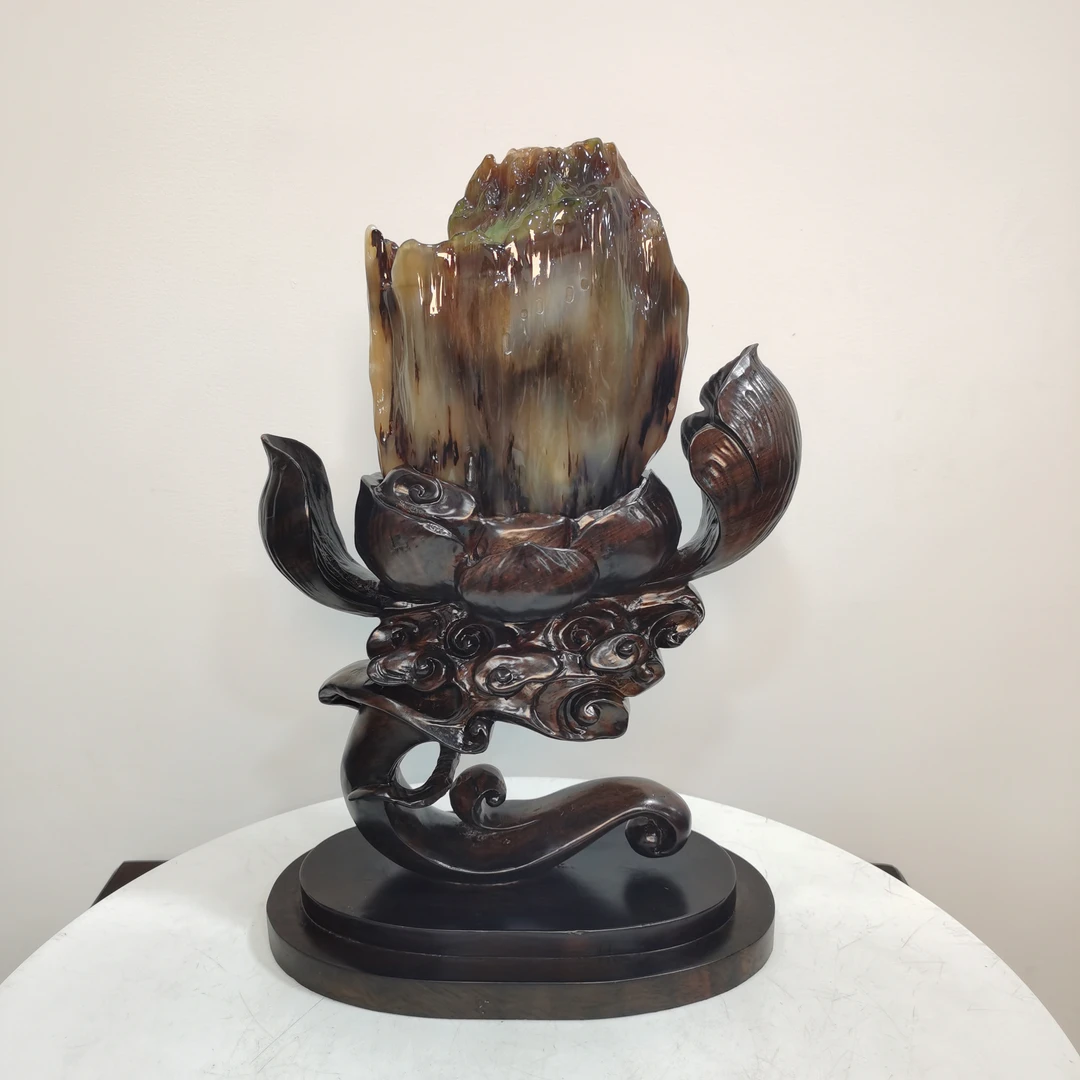 天然缅甸德佰场口冰种起胶黄加绿五彩树化玉宝莲灯摆件