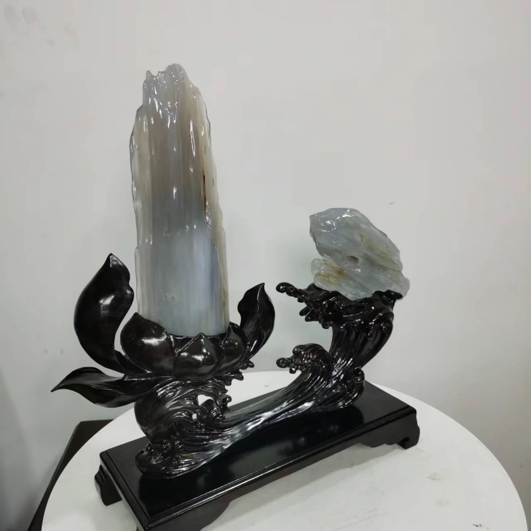 天然缅甸蓝冰一品青莲树化玉摆件