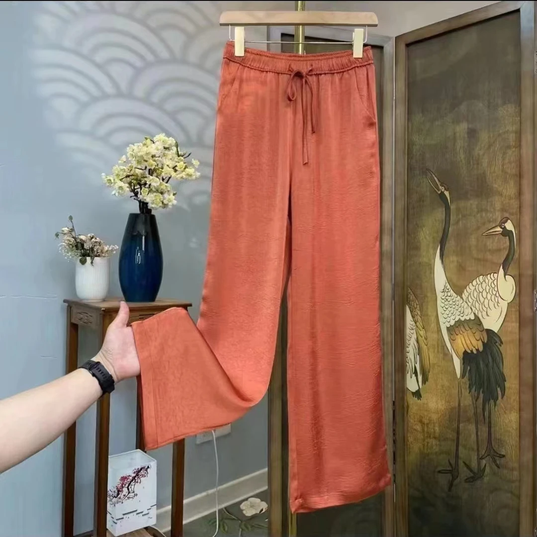 缎面直筒休闲春夏薄款国风阔腿裤2024新款高腰外穿骑行长裤女
