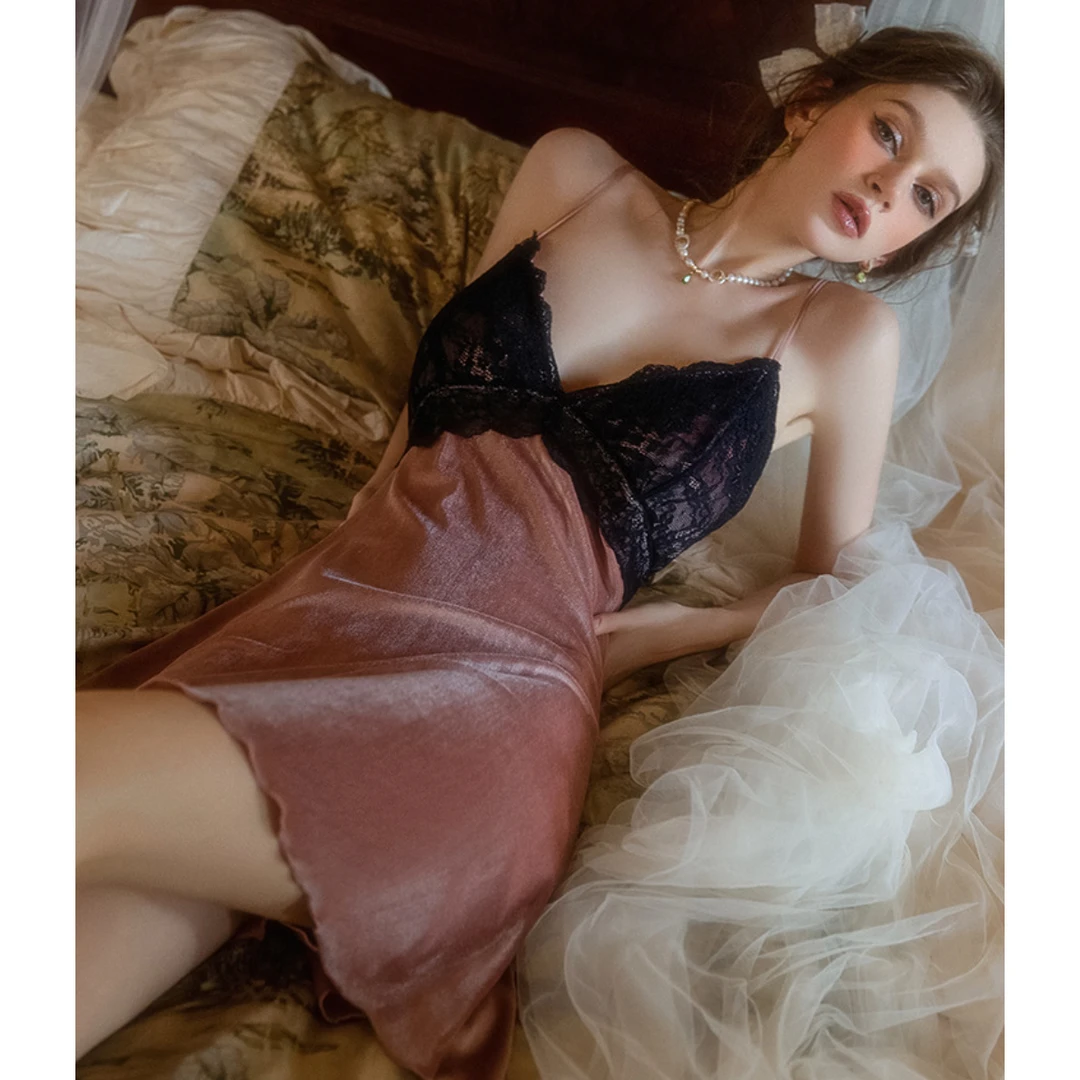 夫人【池雨2】法式轻奢丝绒睡裙女带杯垫美背系带大码睡衣纯欲风