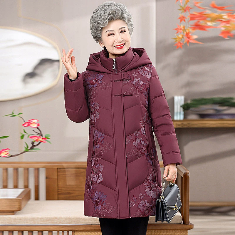 中老年妈妈装长款绣花羽绒服女加厚2023冬季新款洋气保暖外套宽松