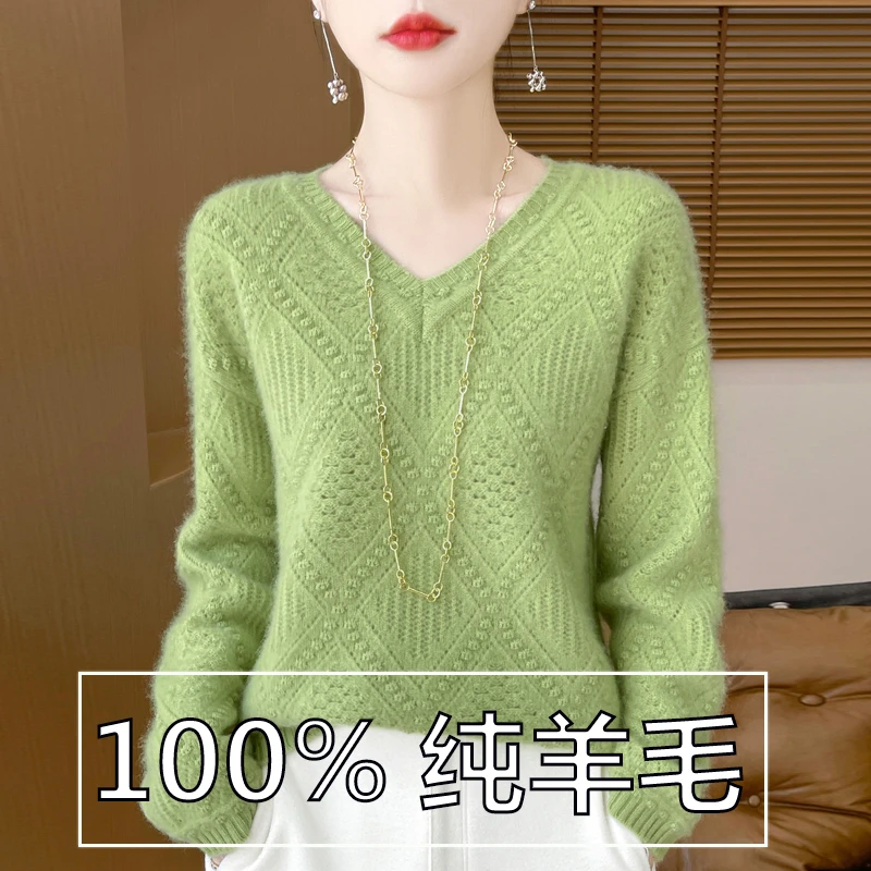V领菱形扭花100%纯羊绒衫女镂空钩花针织毛衣宽松加厚羊毛衫长袖