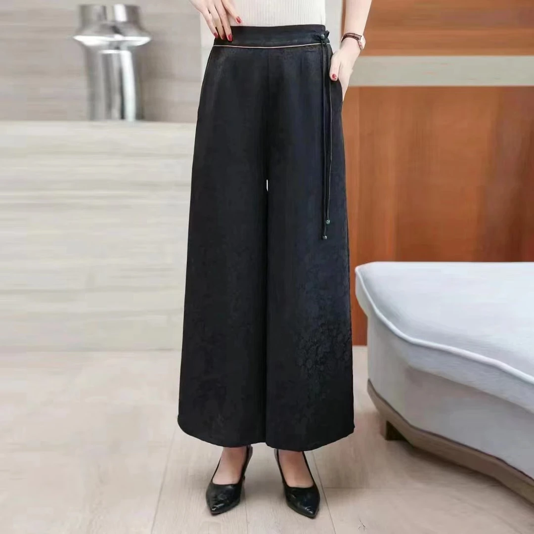 2024春夏款高腰复古腰头撞色带流苏提花时尚百搭显瘦休闲阔腿裤