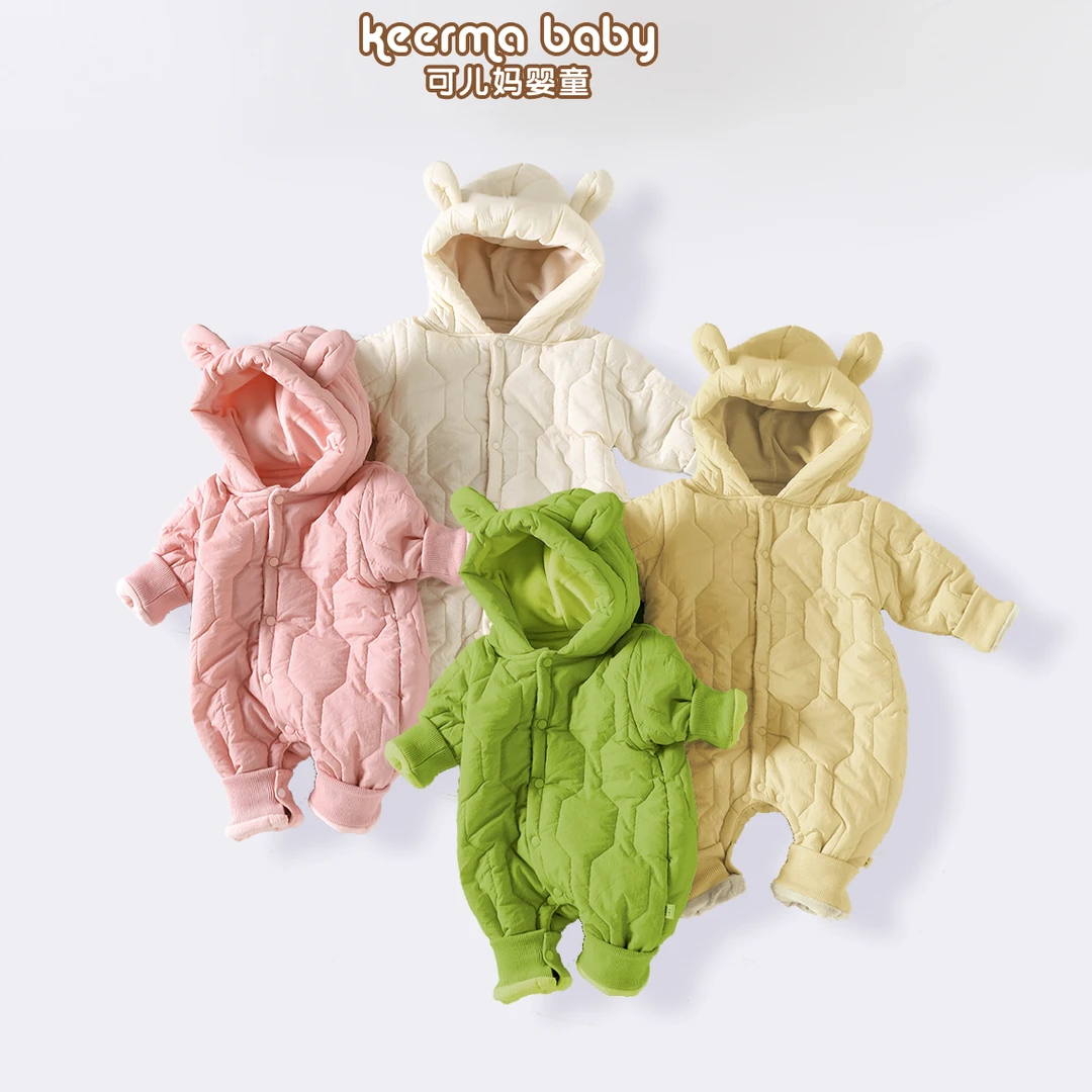 婴儿连帽加绒加厚保暖连体衣马甲套装秋冬棉服爬服哈衣