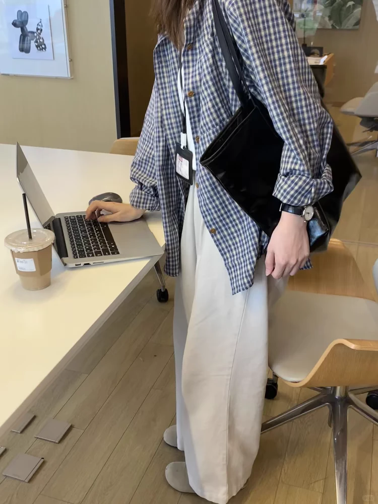 韩版蓝色格子衬衫直播间链接气质气质休闲百搭