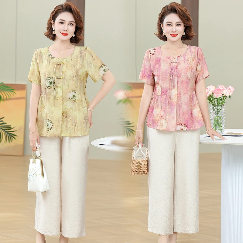 中年妈妈装洋气小衫新款短袖高档夏宽松上衣服中老年女装T恤套装
