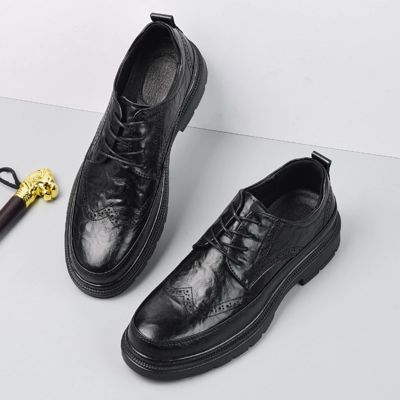 布洛克雕花男士系带风真皮牛皮厚底正装商务休闲软底增高鞋6636