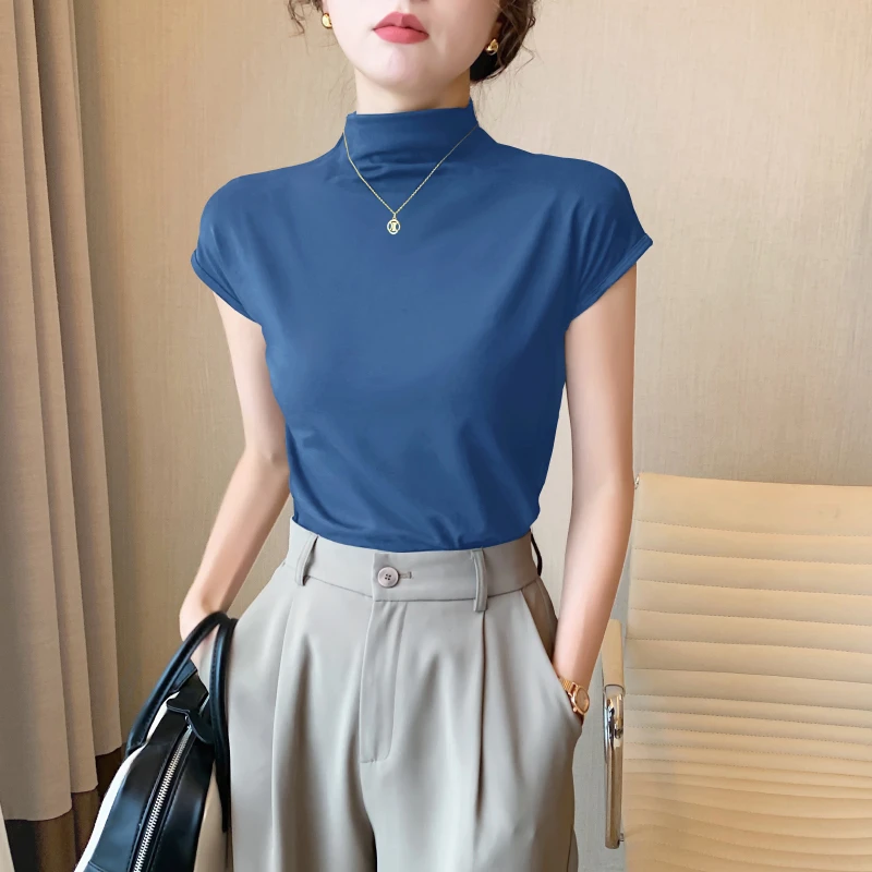 雾霾蓝立领半高领短袖t恤女春夏 2024纯棉紧身内搭打底衫半袖上衣