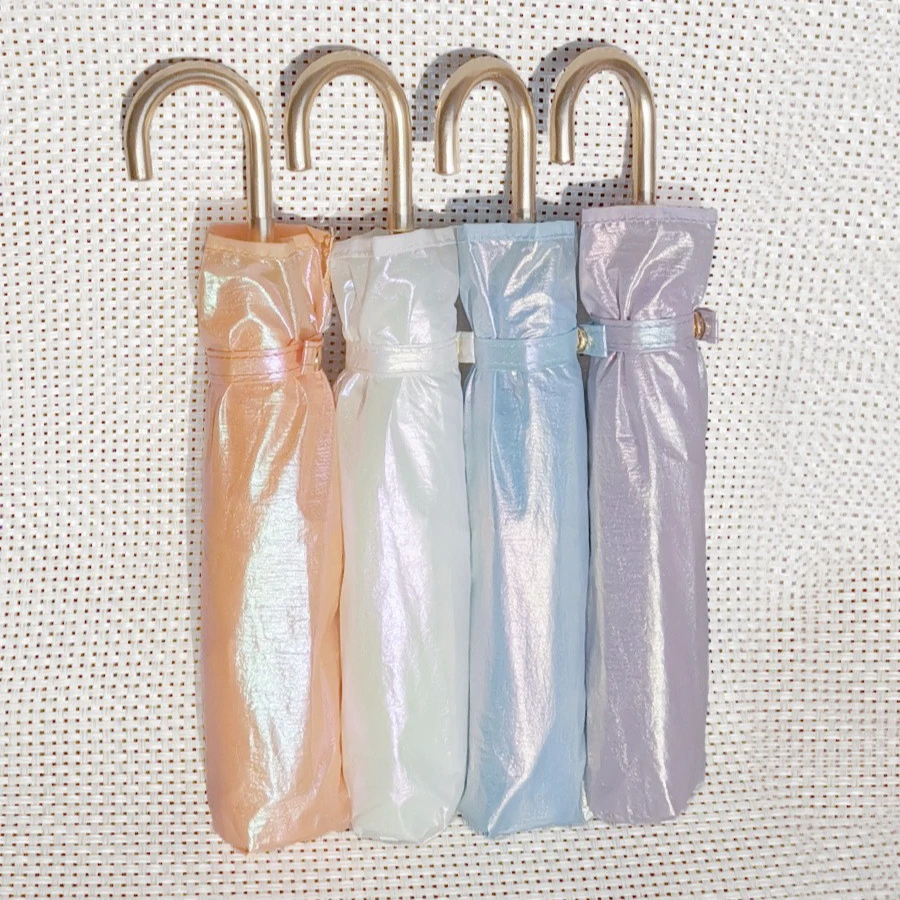 现货小清新极光色幻彩荧光超薄15D尼龙布超弯柄伞晴雨两用雨伞