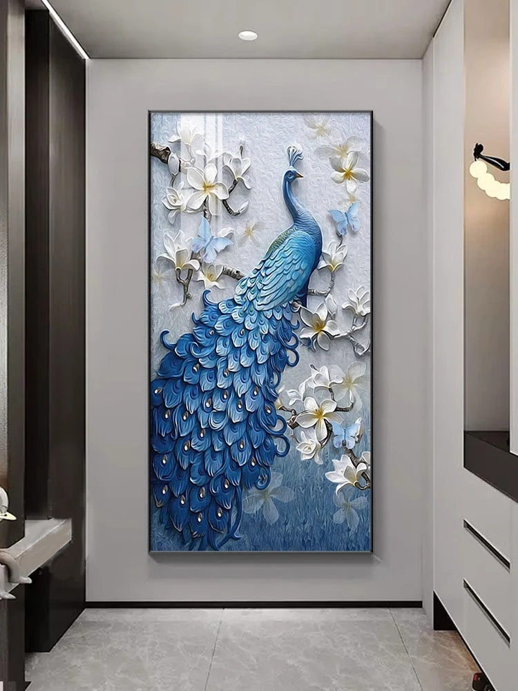 轻奢孔雀入户玄关装饰画现代简约背景墙画走廊过道挂画镶钻晶瓷画