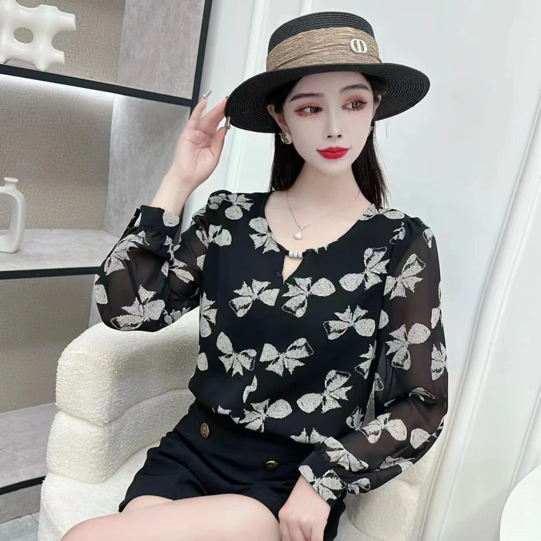 秋季新款蝴蝶结女士长袖衬衫时尚气质显瘦女士长袖女小衫简约1525