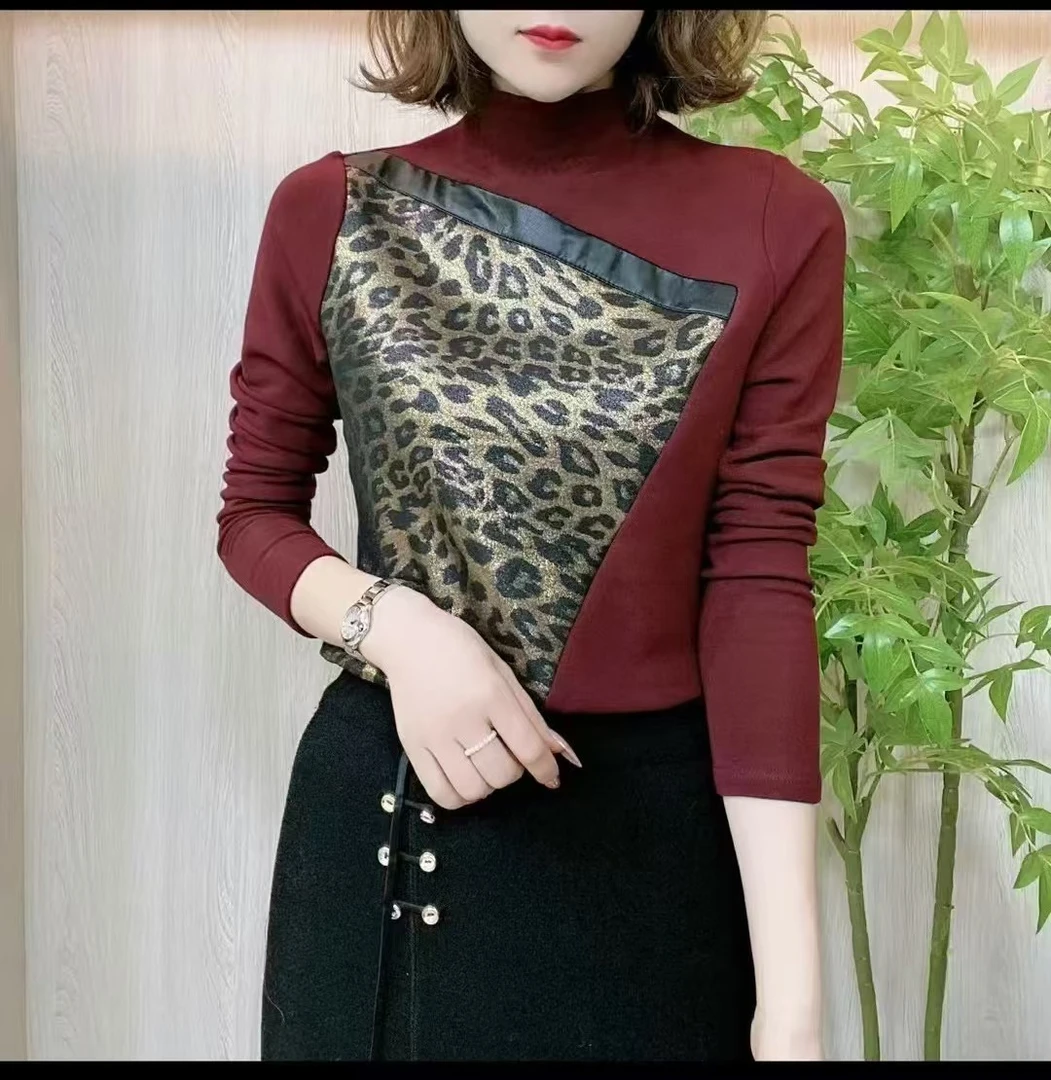 2025秋冬新款拼色豹纹时尚洋气百搭一体绒长袖打底衫女上衣79106#
