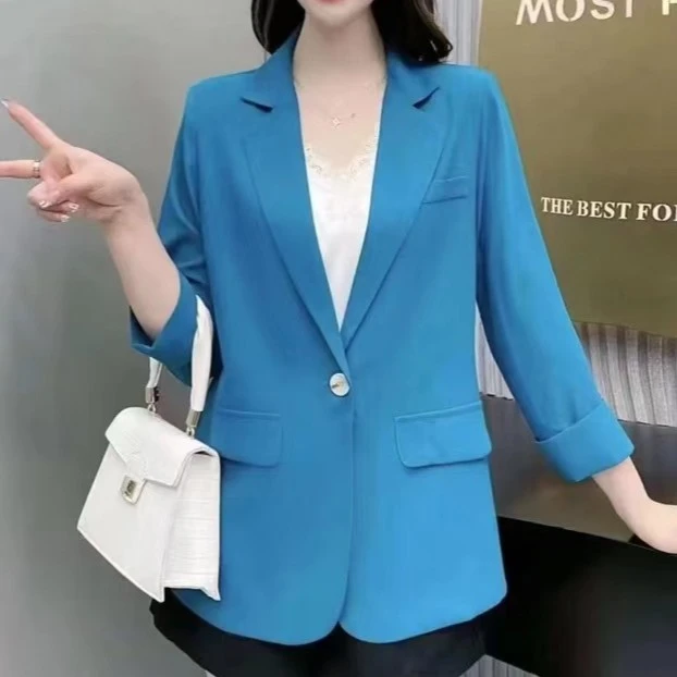 【青仓价】西服领显瘦假口袋百搭洋气七分袖纯色时尚夏季休闲女055！