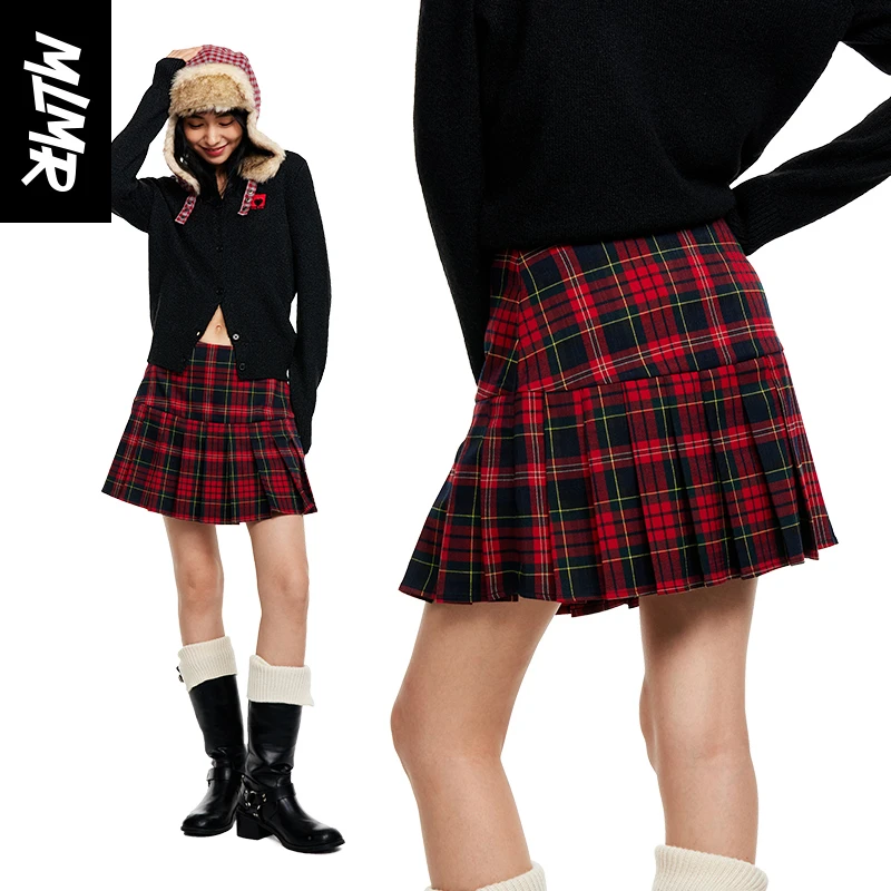 MLMR爆款2025新款洋气流行女装半身裙百褶裙红色格子M24116001