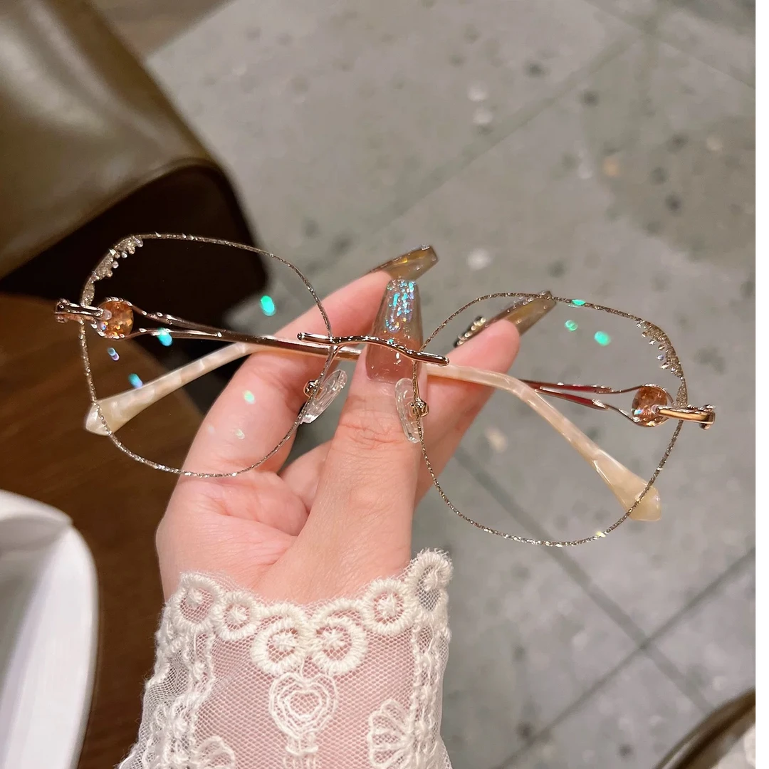 8010新款香槟金无框多边形眼镜成品近视镜韩版眼镜变色透明近视女