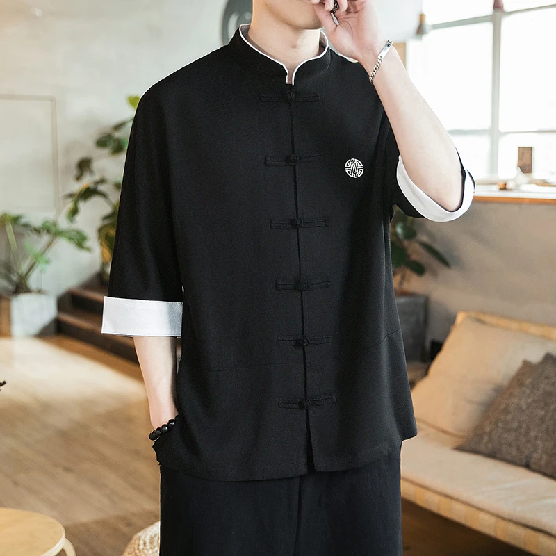 中式立领衬衫男士茶服青年唐装宽松中医养生馆工作服茶艺师服装潮