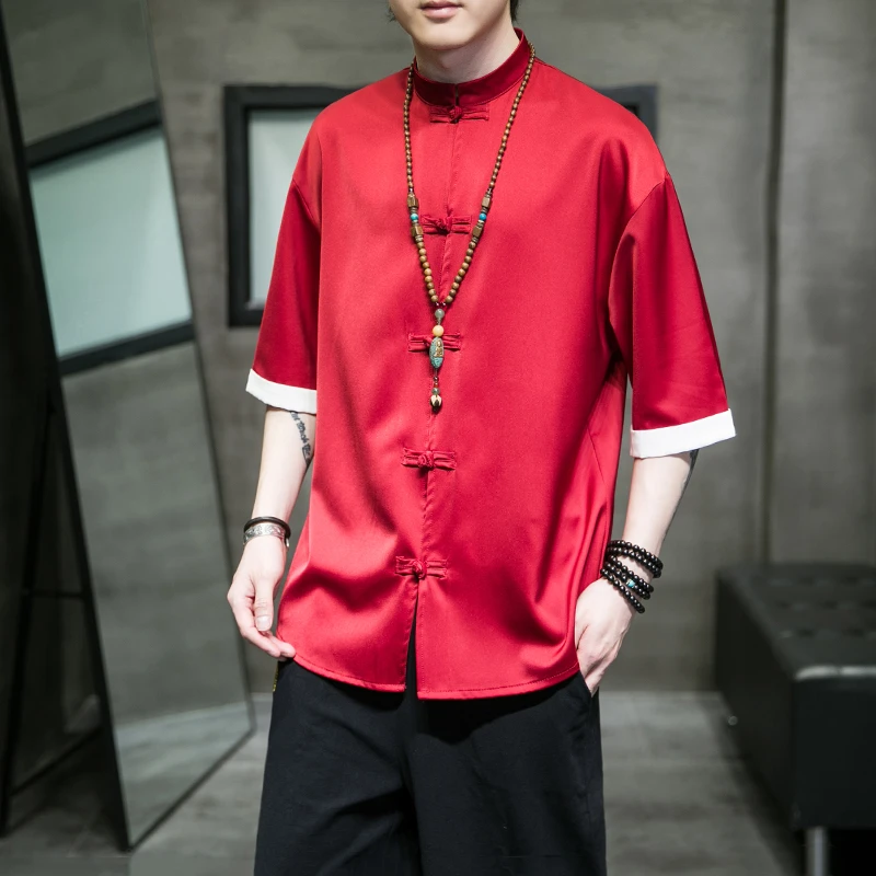 夏季中国风新表演红色盘扣唐装兄弟团婚服衬衫休闲五分短袖上衣男