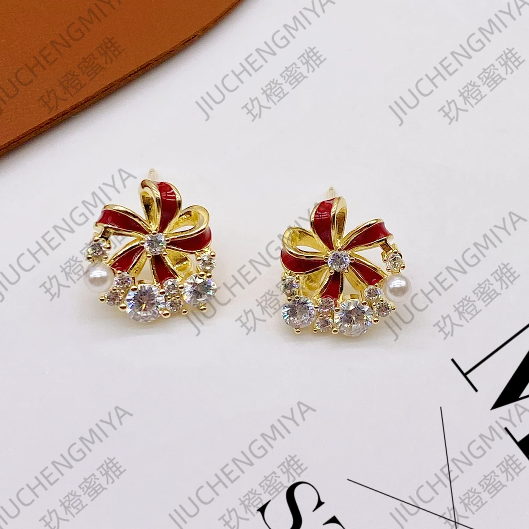铜合金合成锆石耳饰 一叶秋萍KL901法式红色简约百搭轻奢花花耳环