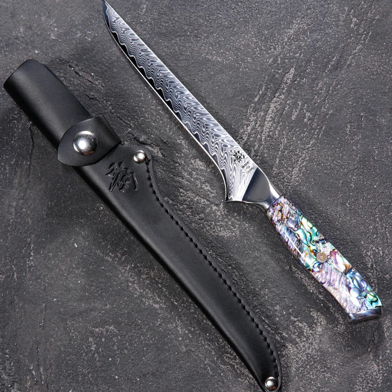 大马士革钢高档剔骨鲍鱼壳树脂10CR15MOV家用水果刀