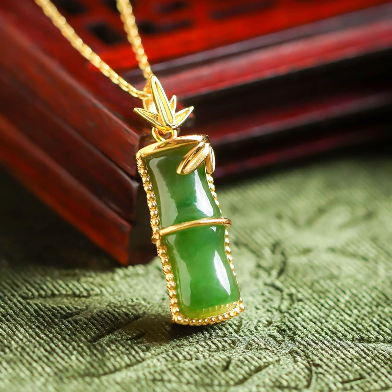 小银匠S925银镶嵌和田碧玉竹节吊坠国风气质复古送礼女款项链礼物