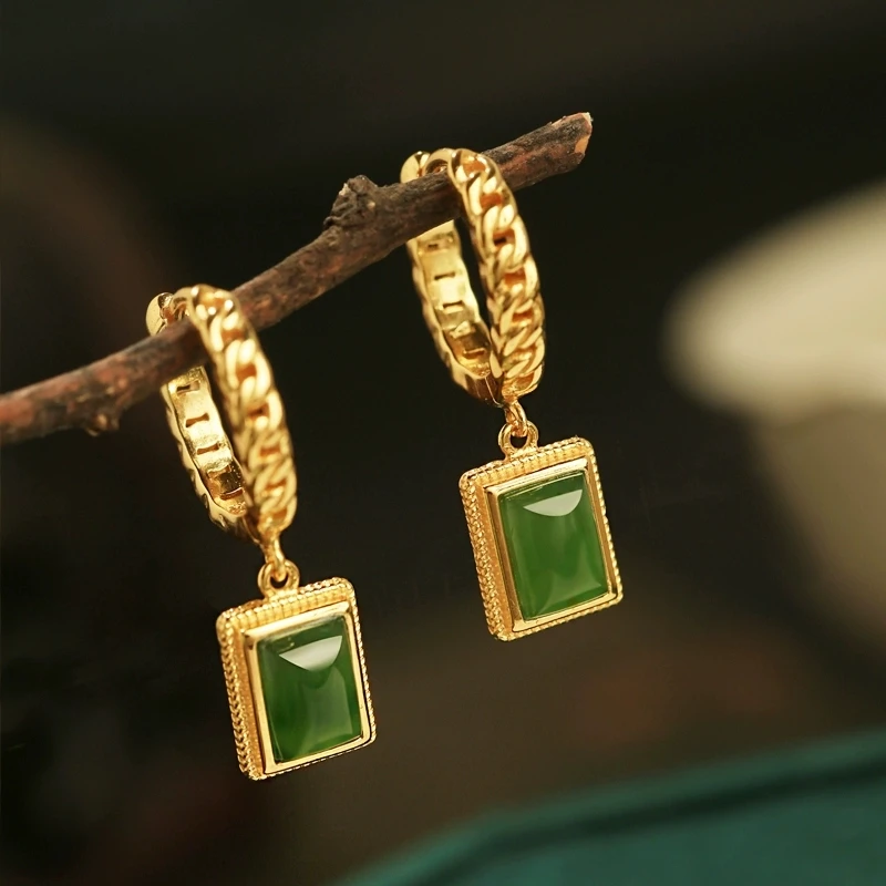 小银匠和田玉碧玉耳环方块女款925银新中式绿色耳圈耳饰耳扣礼物