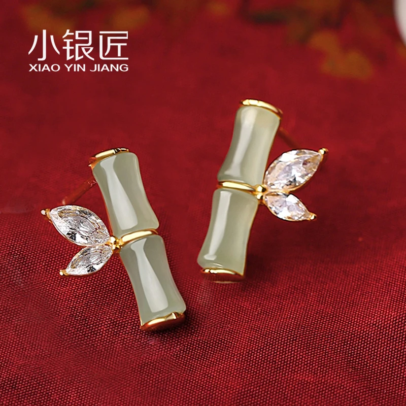 小银匠雅竹S925银耳钉女中国风复古玉耳环故宫古法小清新耳饰礼物