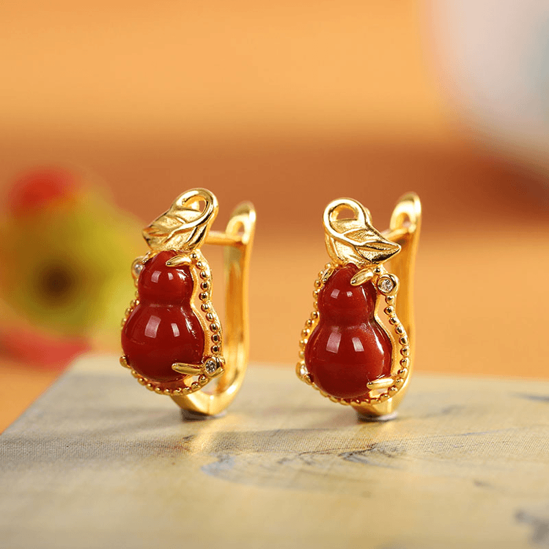 小银匠S925银耳钉女国风复古红玛瑙葫芦耳扣耳圈简约耳环古风耳饰