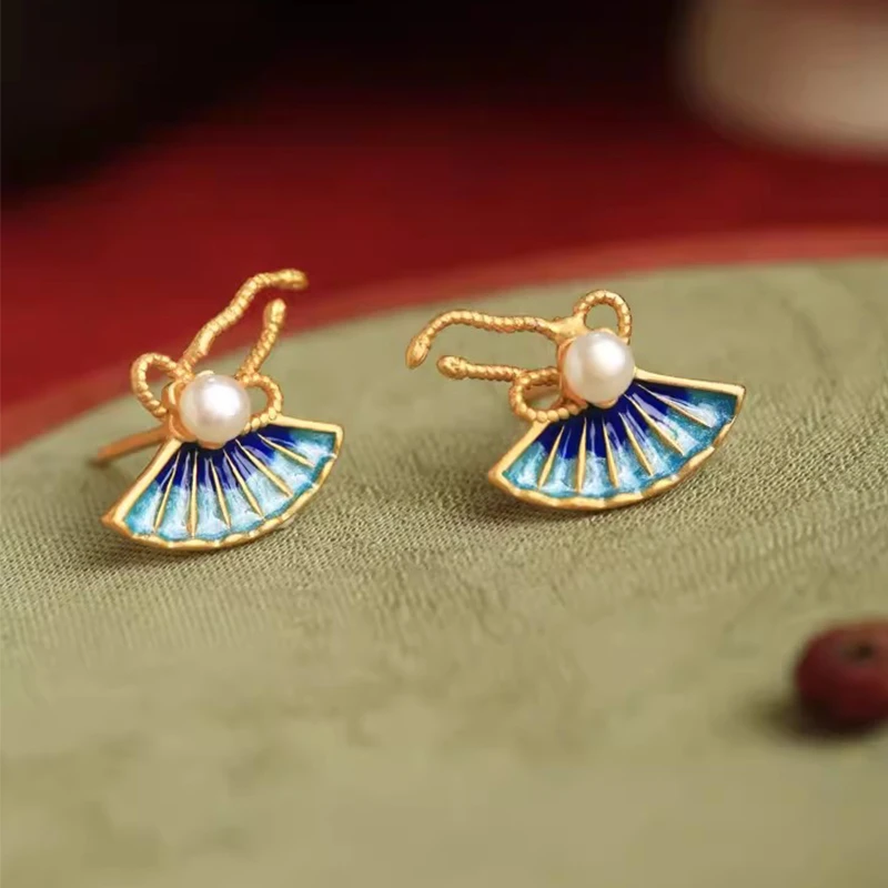 小银匠S925银耳钉女扇子新中式古风国风珐琅景泰蓝色扇形耳环耳饰