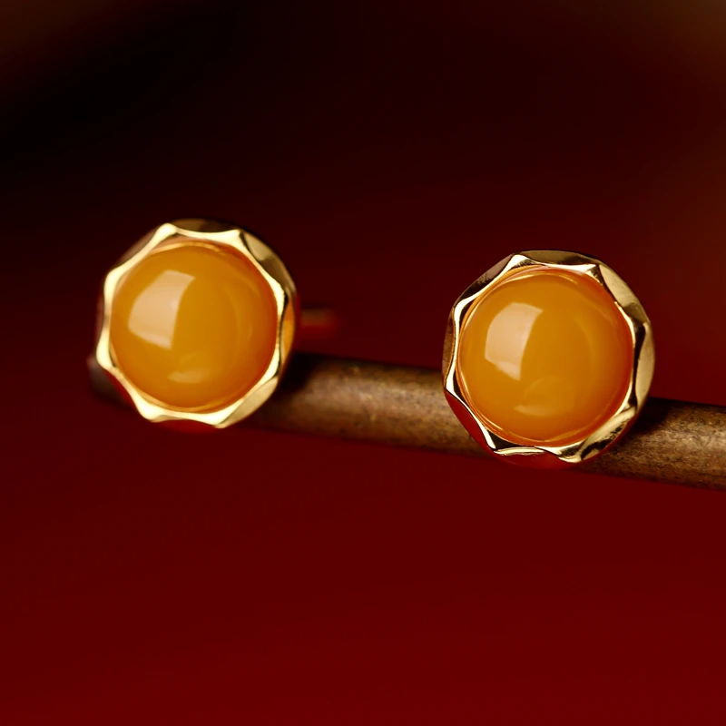 小银匠复古天然蜜蜡S925银耳钉女琥珀耳环高级感黄蜜精致耳坠耳饰