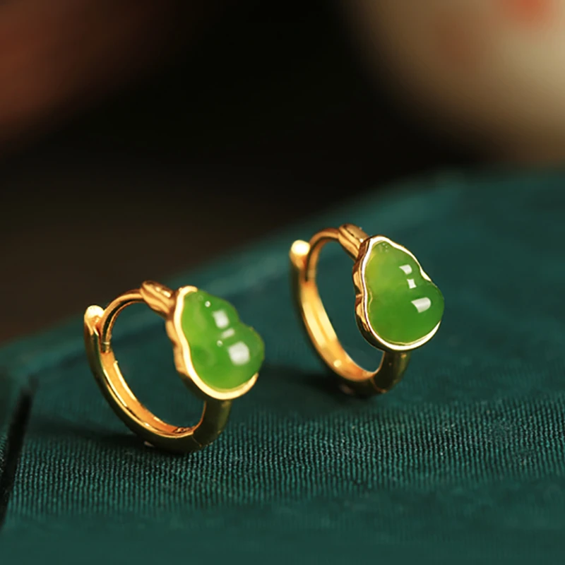 小银匠和田玉碧玉S925银耳环女葫芦耳扣古风轻奢耳饰耳圈耳钉礼物