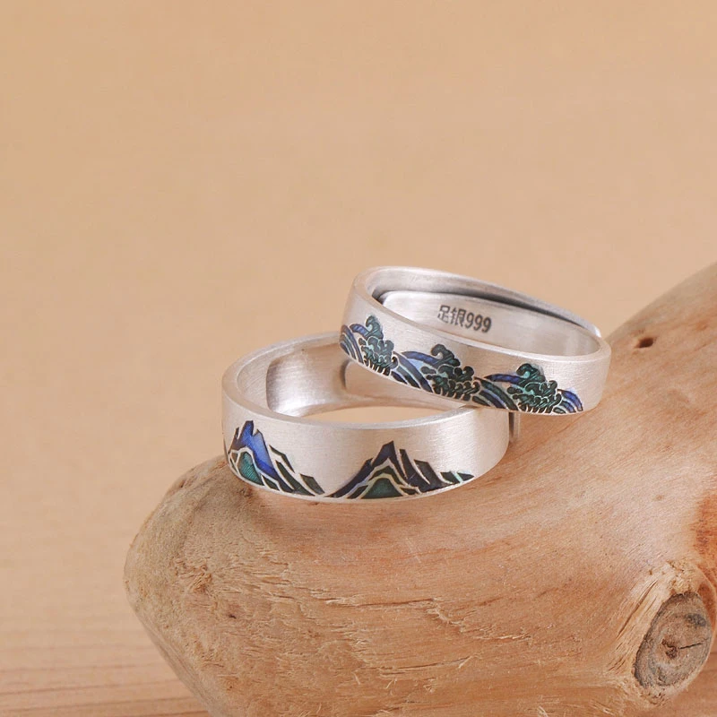 足银珐琅戒指 小银匠山盟海誓999银指环情侣民族风复古可调节手饰