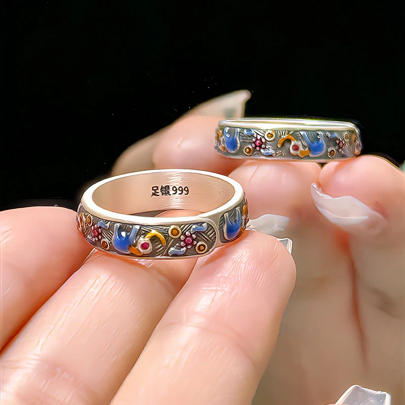 足银戒指 小银匠国潮复古999银指环女珐琅吉象花纹民族风大象手饰