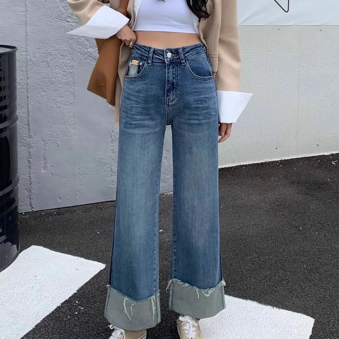 H.Chen-极简风做旧洗水翻边直筒牛仔裤