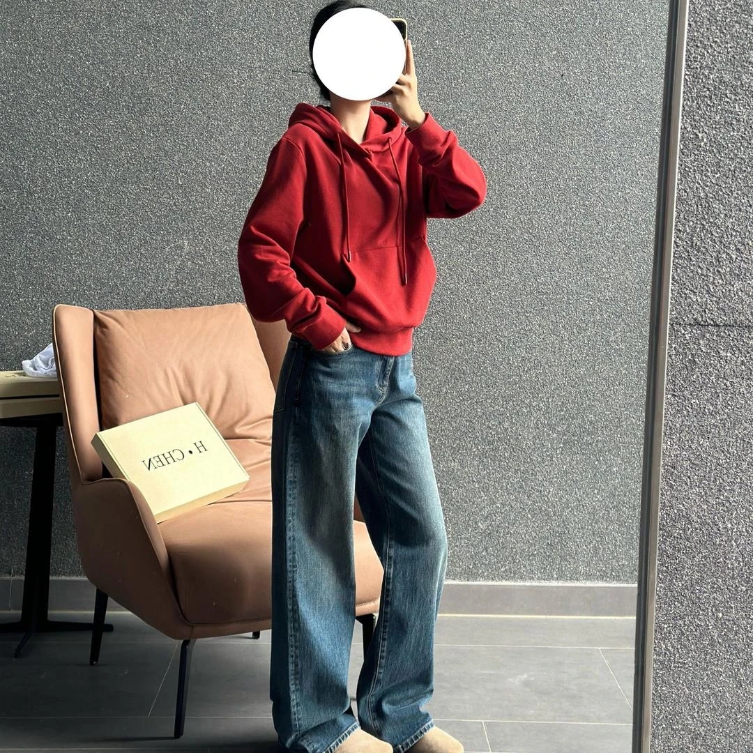 H.Chen-极简范 减龄百搭 柔软毛圈棉 微松版连帽抽绳红色卫衣女