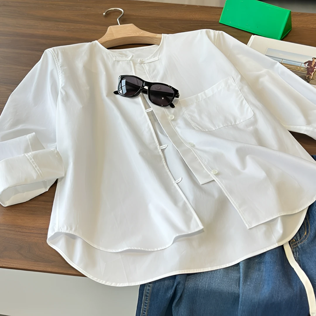 H.Chen-高级感 大气匹马棉 新中式盘扣单口袋廓形宽松圆领衬衫